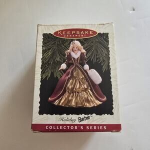Hallmark Keepsake Christmas Ornament Holiday Barbie 1996 Maroon And Gold Dress
